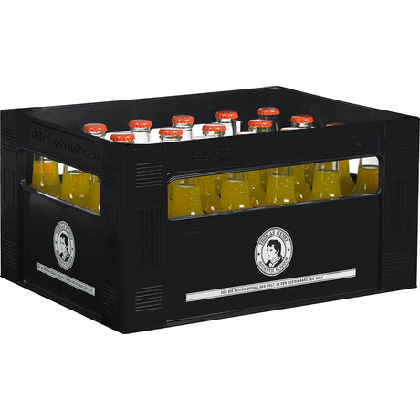 Eine schwarze Kiste mit 24 Flaschen Thomas Henry Mystic Mango Limonade (0,2 l, MEHRWEG), jeweils mit rotem Verschluss und weißem Etikett.