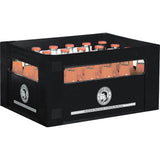 Eine schwarze Kiste mit Thomas Henry Pink Grapefruit (24x0,2L MEHRWEG) besteht aus Glasflaschen mit orangefarbenen Verschlüssen und weißen Etiketten - ideal als Cocktailmixer für Longdrinks oder in Kombination mit Pink Grapefruit-Aromen.