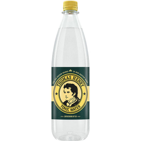 Thomas Henry Tonic Water PET 6x1L (MEHRWEG): Premium-Mixer in einer klaren Flasche mit gelbem Verschluss und grün-gelbem Etikett mit dem Porträt der Marke - ideal, um Ihr Gin Tonic-Erlebnis aufzuwerten.