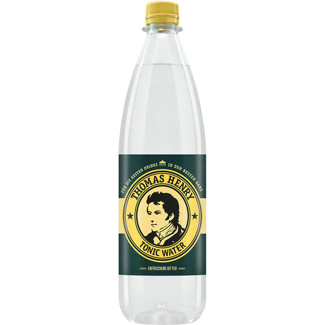 Thomas Henry Tonic Water PET 6x1L (MEHRWEG): Premium-Mixer in einer klaren Flasche mit gelbem Verschluss und grün-gelbem Etikett mit dem Porträt der Marke - ideal, um Ihr Gin Tonic-Erlebnis aufzuwerten.