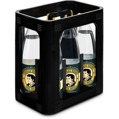 Schwarze Kiste mit sechs 1L-PET-Flaschen Thomas Henry Tonic Water (MEHRWEG) - der ideale Premium-Mixer von Thomas Henry für einen klassischen Gin Tonic.