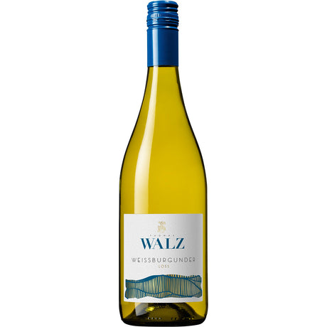 Eine Flasche Thomas Walz Terroir Weissburgunder Löss trocken 2023, ein deutscher Weisswein von Thomas Walz, mit blauem Schraubverschluss und weissem Etikett.