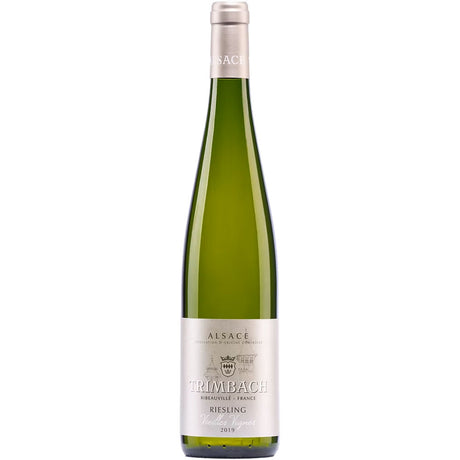 Eine Flasche F.E. Trimbach Riesling Vieilles Vignes AOC Alsace 2021 aus Frankreich, mit einem markanten weiß-goldenen Etikett.