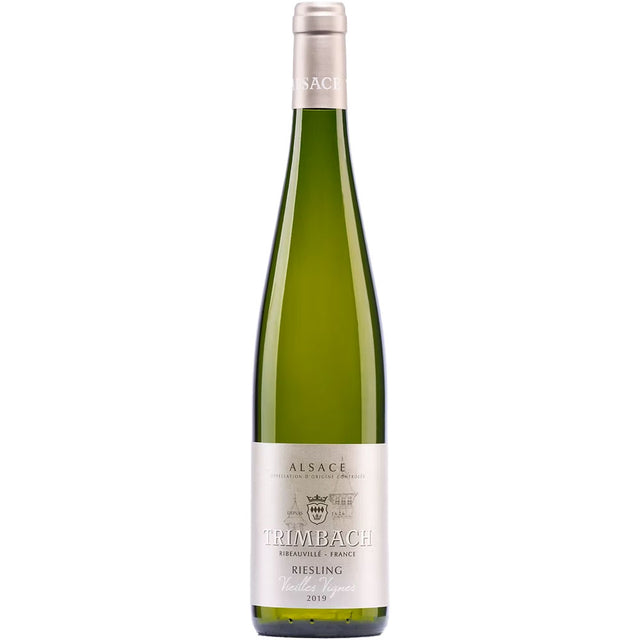 Eine Flasche F.E. Trimbach Riesling Vieilles Vignes AOC Alsace 2021 aus Frankreich, mit einem markanten weiß-goldenen Etikett.