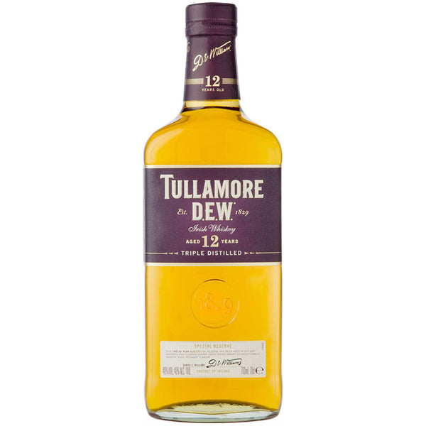 Eine 0,7-Liter-Flasche Tullamore Dew 12 Jahre Irish Whiskey (40%), bekannt für sein unverwechselbares lila Etikett.