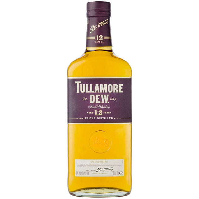 Eine 0,7-Liter-Flasche Tullamore Dew 12 Jahre Irish Whiskey (40%), bekannt für sein unverwechselbares lila Etikett.