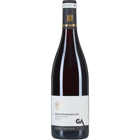 Eine Flasche Aldinger Untertürkheimer Gips Spätburgunder trocken 2023, ein bemerkenswerter württembergischer Rotwein vom Weingut Aldinger.