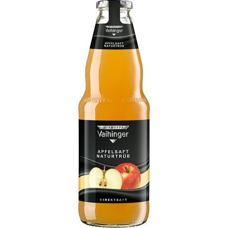 Eine 1-Liter-Glasflasche Niehoffs Vaihinger Apfelsaft Naturtrüb (6er-Pack Mehrweg) mit Apfelbildern und schwarzem Etikett auf der Vorderseite unterstreicht den authentischen Geschmack des deutschen Apfelsaft Direktsaftes.