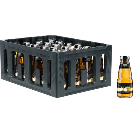 Eine schwarze Kiste mit Niehoffs Vaihinger Apfelsaft klar 24x0,2L (Mehrweg) Glasflaschen, jede mit 100% Fruchtgehalt, mit einer Flasche neben der Kiste platziert.