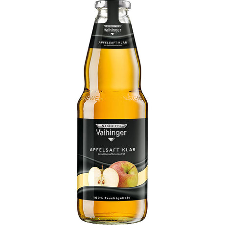 Eine Klarglasflasche Niehoffs Vaihinger Apfelsaft 6x1L (MEHRWEG) mit schwarzem Etikett, deutschem Text, Apfelbildern und 100% Fruchtgehalt für puren deutschen Apfelsaftgenuss.