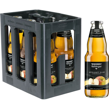 Kiste Niehoffs Vaihinger Apfelsaft 6x1L (MEHRWEG) mit Klarglasflaschen und einer separaten Flasche deutschen Apfelsaftes (rechts).