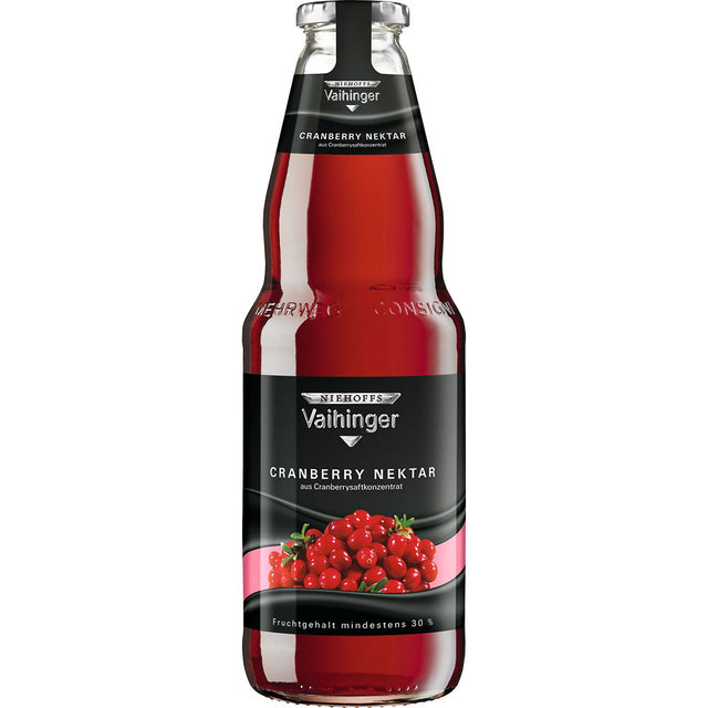 Niehoffs Vaihinger Cranberry Nektar 6x1L (MEHRWEG) wird in Glasflaschen mit einem leuchtenden Cranberry-Etikett geliefert, das den reichhaltigen, unverfälschten Cranberry-Saftgeschmack hervorhebt.