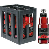 Eine Kiste Niehoffs Vaihinger Preiselbeer Nektar 6x 1 Liter (MEHRWEG) Flaschen, mit einer Flasche Preiselbeersaft außerhalb der Kiste.
