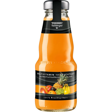 Die 0,2-L-Glasflasche Niehoffs Vaihinger Multivitamin (24er-Packung, MEHRWEG) mit verschiedenen Früchten auf dem Etikett und 100% Fruchtanteil sorgt für einen natürlich erfrischenden Geschmack.