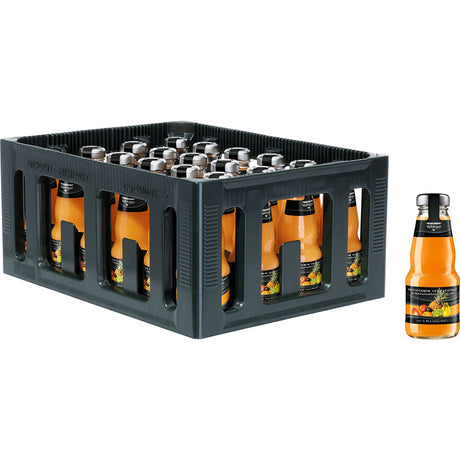 Eine schwarze Kiste mit 24 Niehoffs Vaihinger Multivitamin 0,2L Mehrwegflaschen (100% Fruchtgehalt), eine davon außerhalb der Kiste platziert.