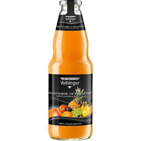 Eine 1L Flasche Niehoffs Vaihinger Multivitamin (6x MEHRWEG) Saft mit verschiedenen Früchten auf einem schwarzen Etikett, bietet 100% Fruchtgehalt für ein erfrischendes Multivitamin-Getränkeerlebnis.