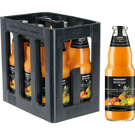Sechs 1L-Flaschen Niehoffs Vaihinger Multivitaminsaft (MEHRWEG) in einer schwarzen Kiste, eine Flasche außen abgebildet.