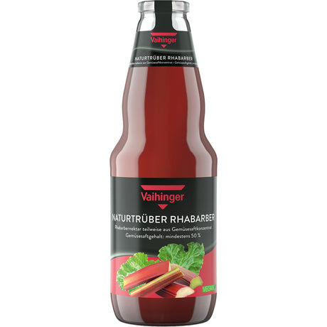 Ein 6er-Pack Vaihinger Naturtrüber Rhabarber Nektar (je 1L, MEHRWEG) von Niehoffs Vaihinger mit schwarzem Etikett und einem lebendigen Rhabarbermotiv auf der Vorderseite.