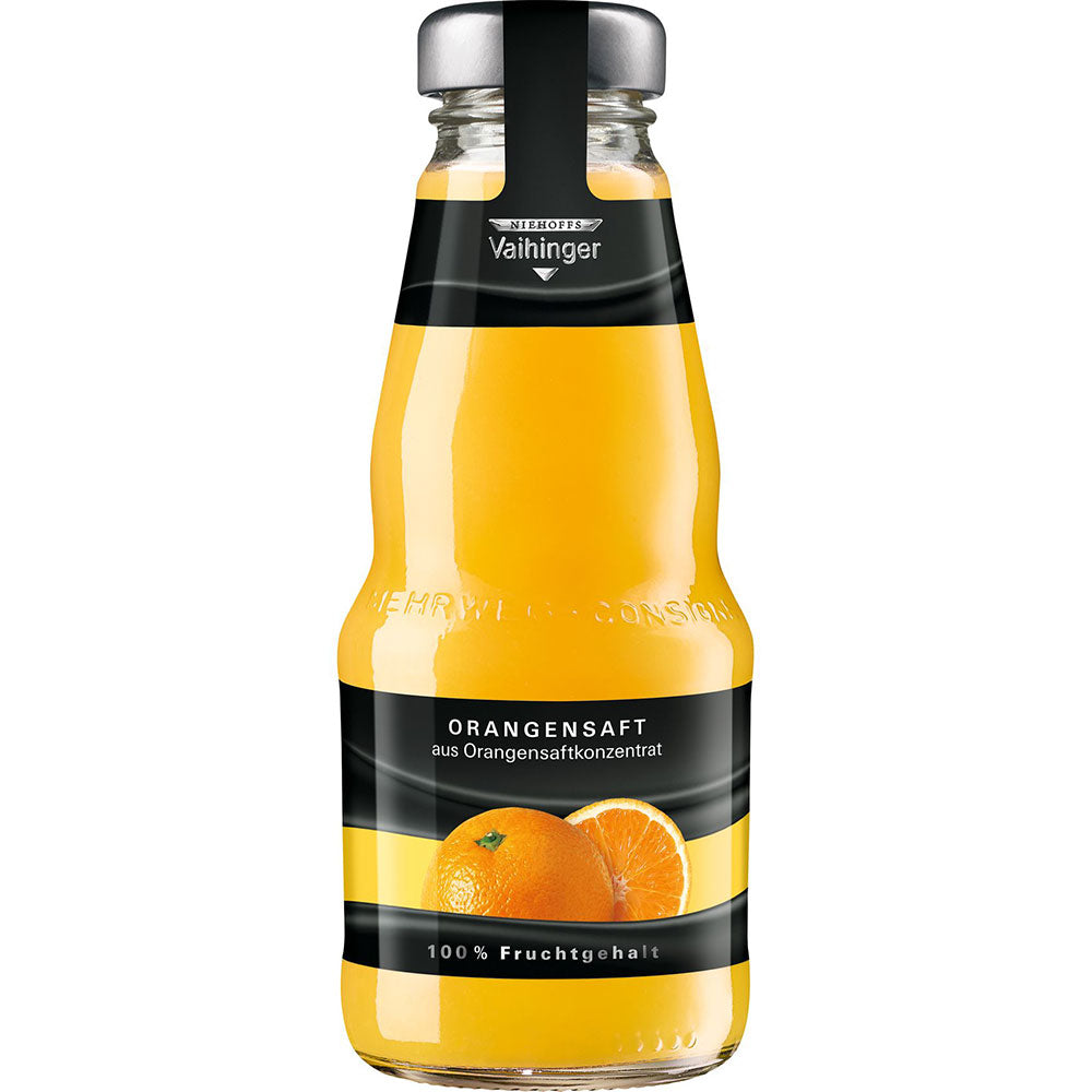 Eine 0,2-Liter-Glasflasche Niehoffs Vaihinger Orangensaft (MEHRWEG) mit einem orangefarbenen Etikett mit deutschem Text und einer silbernen Kappe aus der Vaihinger Orangensaft 24x 0,2 Liter Packung.