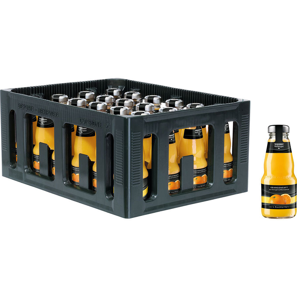 Eine schwarze Kiste mit 24 Glasflaschen Niehoffs Vaihinger Orangensaft 0,2L (Mehrweg), eine Flasche separat ausgestellt.