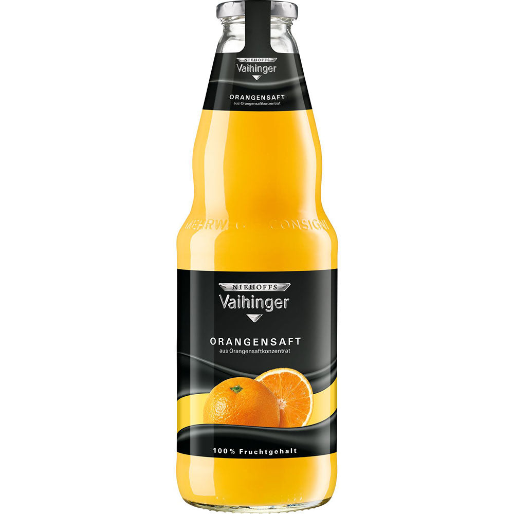 Auf einer 1-Liter-Glasflasche Niehoffs Vaihinger Orangensaft (6er-Pack, MEHRWEG) sind Orangen auf dem Etikett abgebildet, die die 100%ige Orangensaftqualität unterstreichen.