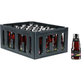 Eine graue Kiste enthält 24 Glasflaschen von Niehoffs Vaihinger Traubensaft 0,2L (MEHRWEG), einem dunkelroten Getränk, wobei eine Flasche separat abgebildet ist.