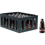 Eine Kiste mit Niehoffs Vaihinger Sauerkirsch Nektar 24x 0,2L (MEHRWEG) Glasflaschen, wobei eine Flasche rechts separat ausgestellt ist.