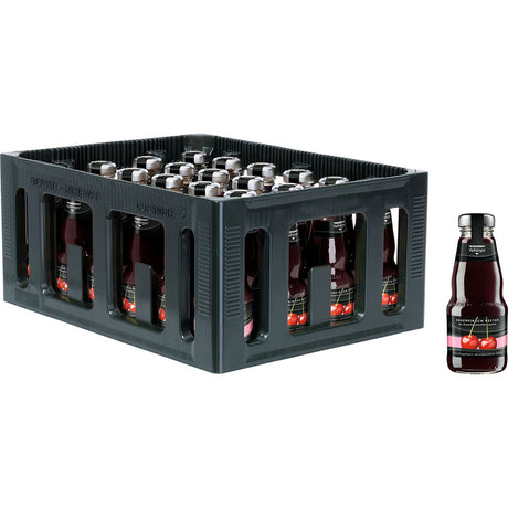 Eine Kiste mit Niehoffs Vaihinger Sauerkirsch Nektar 24x 0,2L (MEHRWEG) Glasflaschen, wobei eine Flasche rechts separat ausgestellt ist.