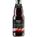 Niehoffs Vaihinger Sauerkirsch Nektar 6x1L (MEHRWEG) kommt in Glasflaschen mit Kirschen auf dem Etikett und dunkelrotem Saft im Inneren und bietet einen intensiven Sauerkirschgeschmack.