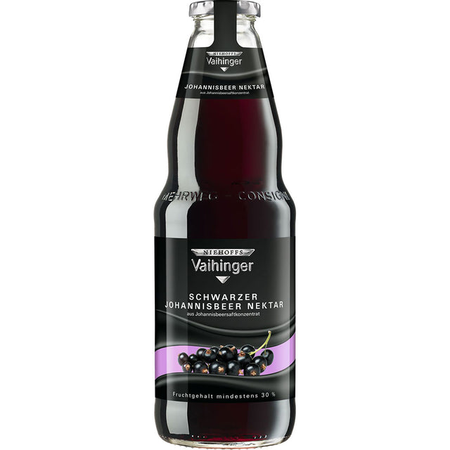 Niehoffs Vaihinger Schwarzer Johannisbeer Nektar 6x1L (MEHRWEG) kommt in Glasflaschen, auf deren Etikett schwarze Johannisbeeren abgebildet sind.