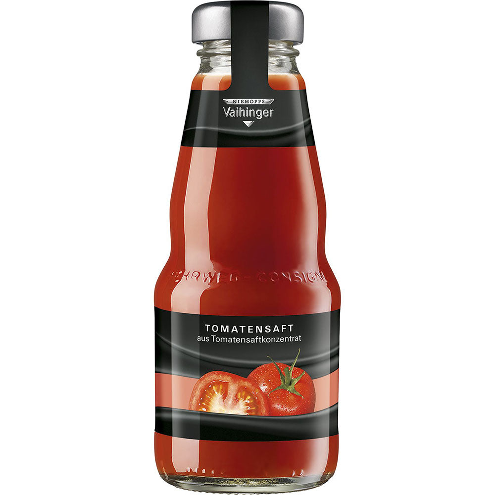Eine 0,2-L-Glasflasche Niehoffs Vaihinger Tomatensaft (24er-Pack, MEHRWEG) mit schwarzem Etikett - ideal für die Zubereitung einer klassischen Bloody Mary.
