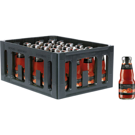 Eine graue Kiste enthält 24 Glasflaschen (je 0,2 l) Niehoffs Vaihinger Tomatensaft (Mehrweg); eine Flasche, ideal für eine Bloody Mary, steht außerhalb der Kiste.