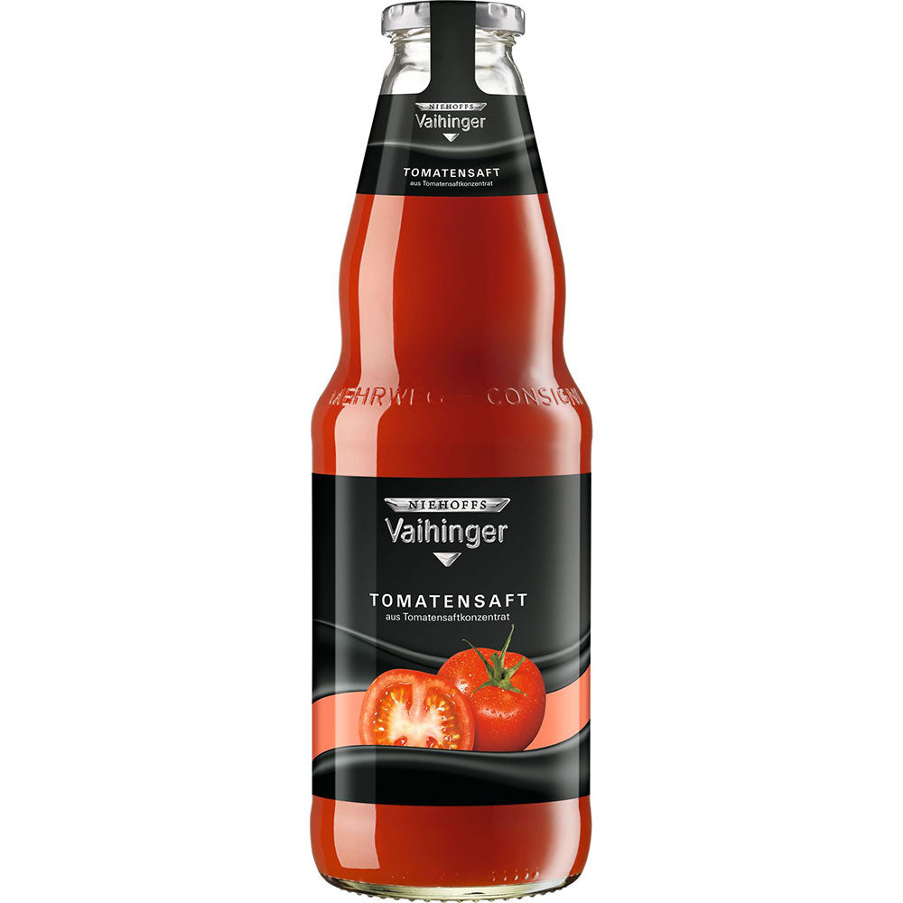 Niehoffs Vaihinger Tomatensaft 6x1L (MEHRWEG) in Glasflaschen, mit einem schwarzen Etikett und zwei Tomaten.