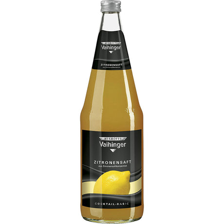 Eine 1-Liter-Glasflasche Niehoffs Vaihinger Zitrone (6er-Pack, MEHRWEG) mit einem schwarzen Etikett mit Zitronenmotiv.
