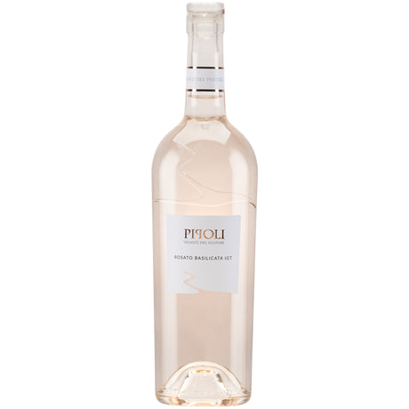 Eine klare Glasflasche mit dem Wein „Vigneti del Vulture Pipoli Rosato Basilicata IGP 2025“, versehen mit einem weißen Etikett und einer weißen Kappe, hergestellt aus der berühmten Aglianico-Traube.
