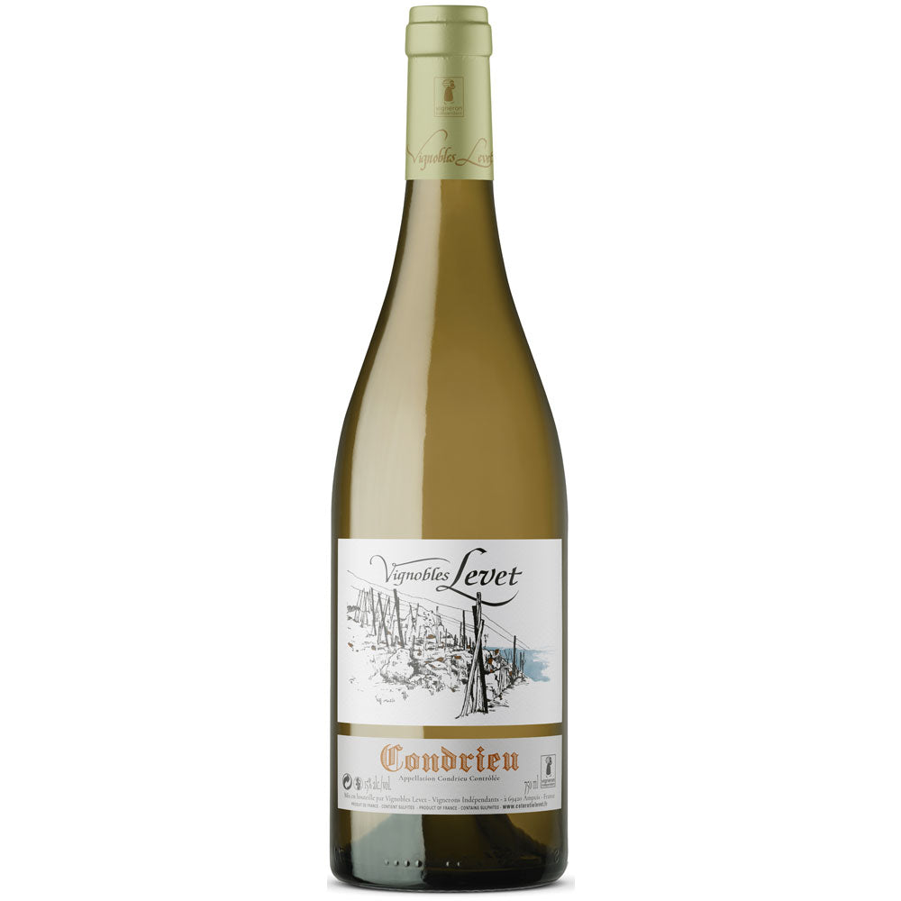 Eine Flasche Vignobles Levet Condrieu Blanc AOC 2022, ein aus Viognier-Trauben hergestellter Weißwein von Vignobles Levet, auf dessen Etikett ein malerischer Weinberg abgebildet ist.