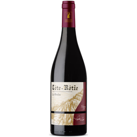 Eine Flasche Vignobles Levet La Peroline Chavaroche Côte-Rôtie AOC 2021, ein Syrah-Rotwein mit einem beige-bordeauxfarbenen Etikett mit Weinbergsmotiven.