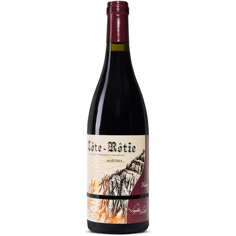 Eine Flasche Vignobles Levet Maestria Les Journaries Côte-Rôtie AOC 2021 mit illustriertem Weinbergsetikett und kastanienbrauner Folienkapsel.