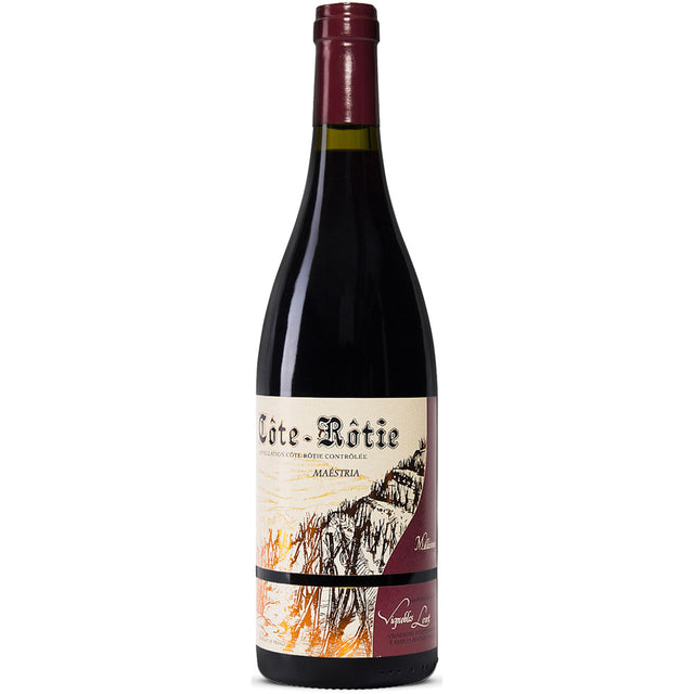 Eine Flasche Vignobles Levet Maestria Les Journaries Côte-Rôtie AOC 2021 mit illustriertem Weinbergsetikett und kastanienbrauner Folienkapsel.