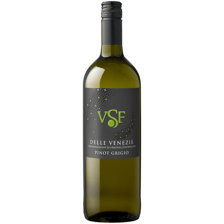 Eine Flasche Villa Santa Flavia Pinot Grigio delle Venezie DOC 2024 mit einem grün-schwarzen Etikett auf weißem Hintergrund.