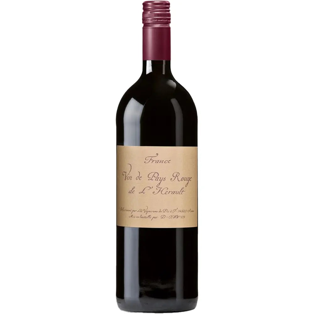 Eine 1-Liter-Flasche Schnaufer Vin de Pays de l'Herault Rouge mit beigem Etikett und kastanienbraunem Schraubverschluss.