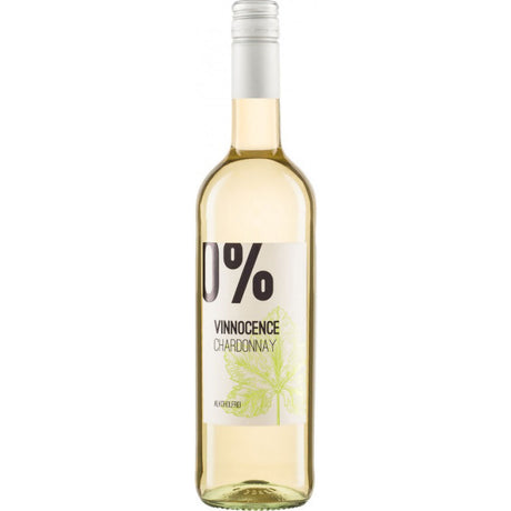 Eine 0,75L Flasche Vinnocence Chardonnay alkoholfrei von Vinnocence mit einem weißen Etikett mit Blattmotiv.