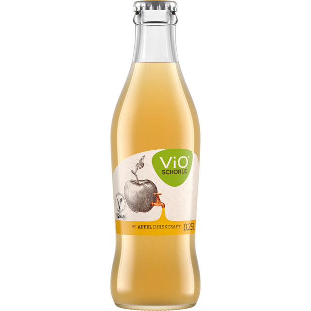 Eine ViO Schorle Apfel Schorle in der 0,25L Glasflasche (MEHRWEG), Teil des 24er Packs, hergestellt aus Direktsaft und erfrischend natürlichem Mineralwasser, mit grünem Etikett mit Apfelillustration.