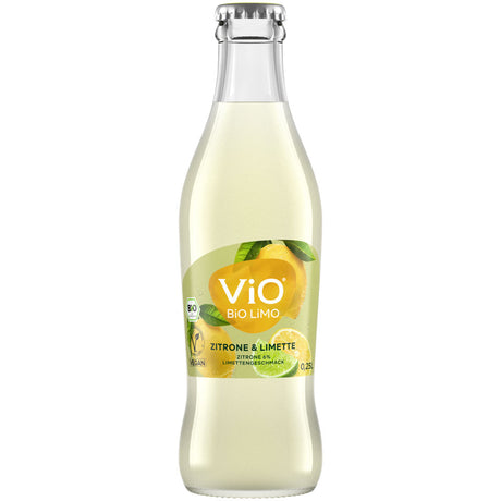 ViO Bio Limo Zitrone-Limette 0,25L Mehrweg: Glasflasche mit gelbem Fruchtetikett, klare Flüssigkeit aus natürlichem Mineralwasser. Packung mit 24 Stück von ViO Bio Limo.