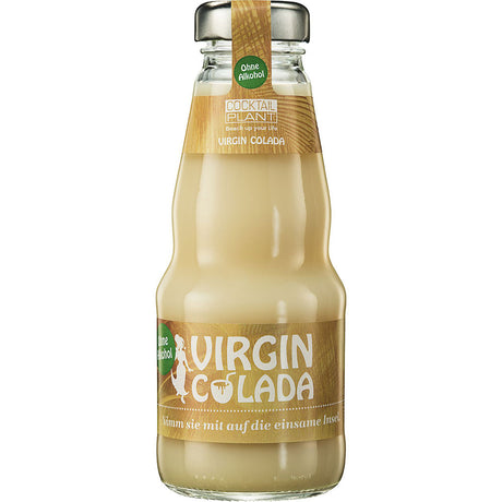 Eine 0,2-L-Glasflasche Cocktail Plant Virgin Colada alkoholfrei mit beigem Etikett und deutschem Text, die eine cremige, trinkfertige, alkoholfreie Piña Colada bietet. Verkauft als 24x Mehrwegflaschen von Cocktail Plant.
