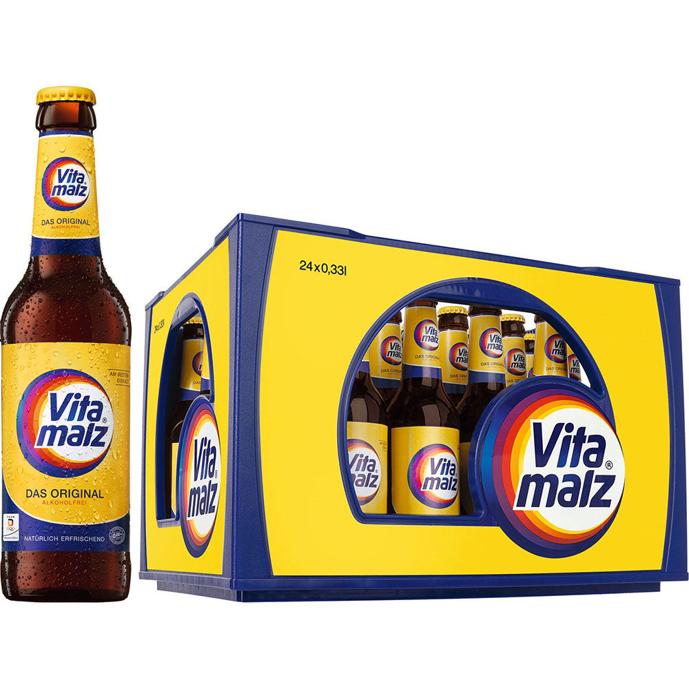 Eine Flasche und ein Kasten Vitamalz Das Original 24x 0,33 Liter (MEHRWEG), der alkoholfreie Malzgetränk von Vitamalz mit markanter gelb-blauer Verpackung und dem Markenlogo.