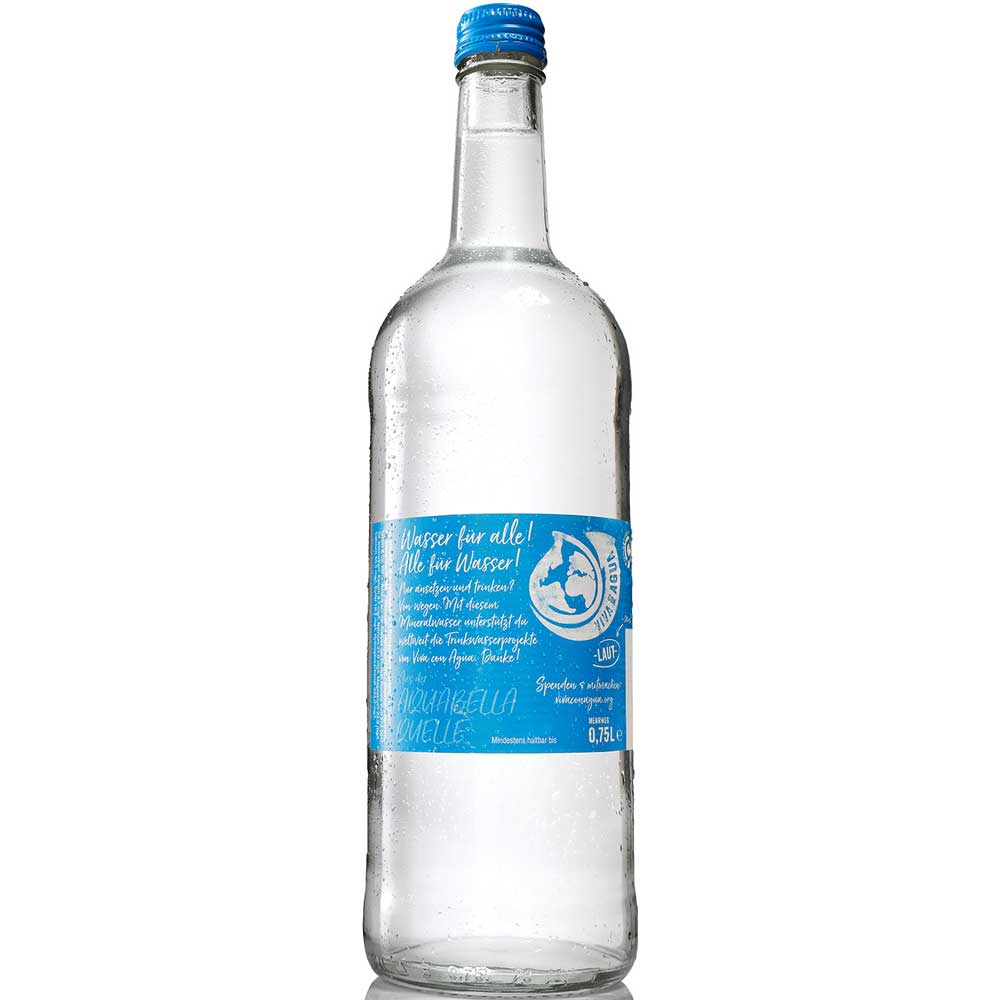 Eine Klarglasflasche Viva con Agua laut Gourmet Mineralwasser (0,75L, MEHRWEG) mit blauem Etikett und blauem Verschluss, aufrecht stehend auf weißem Hintergrund. Marke: Viva con Agua.