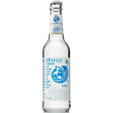 Eine klare Glasflasche Viva con Agua leise Gourmet Mineralwasser mit blauer und weißer Aufschrift.