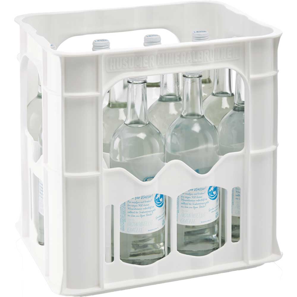 Eine weiße Kiste enthält zwölf 0,75 l Viva con Agua leise Gourmet Glasflaschen (Mehrweg).