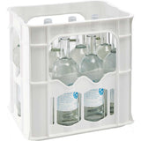 Eine weiße Kiste enthält zwölf 0,75 l Viva con Agua leise Gourmet Glasflaschen (Mehrweg).